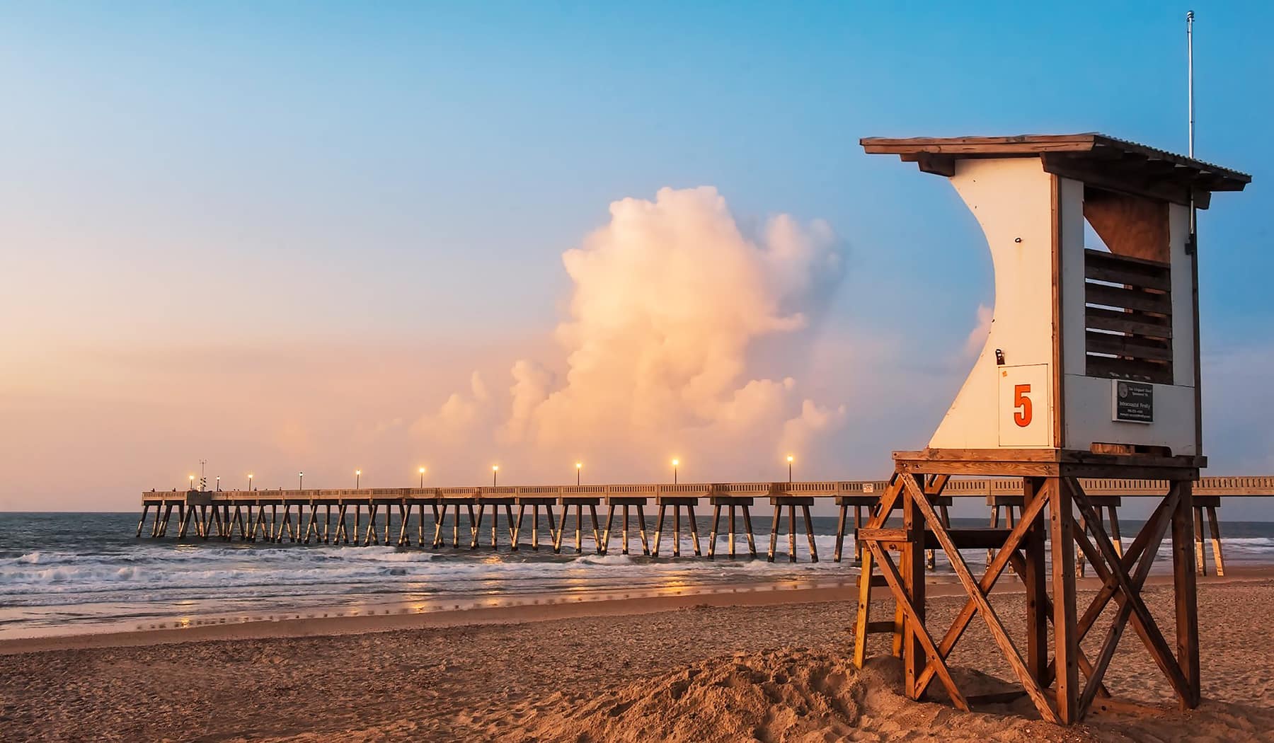 Swimmers and a fishing pier at Wrightsville Beach, NC